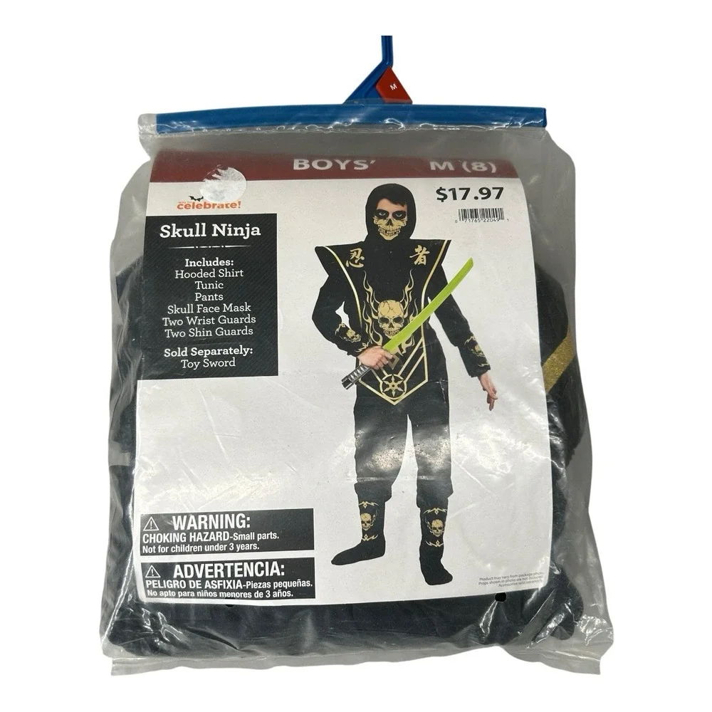 Celebrate Boys Skull Ninja Costume Size Medium 8 Halloween Trick or‎ Treat